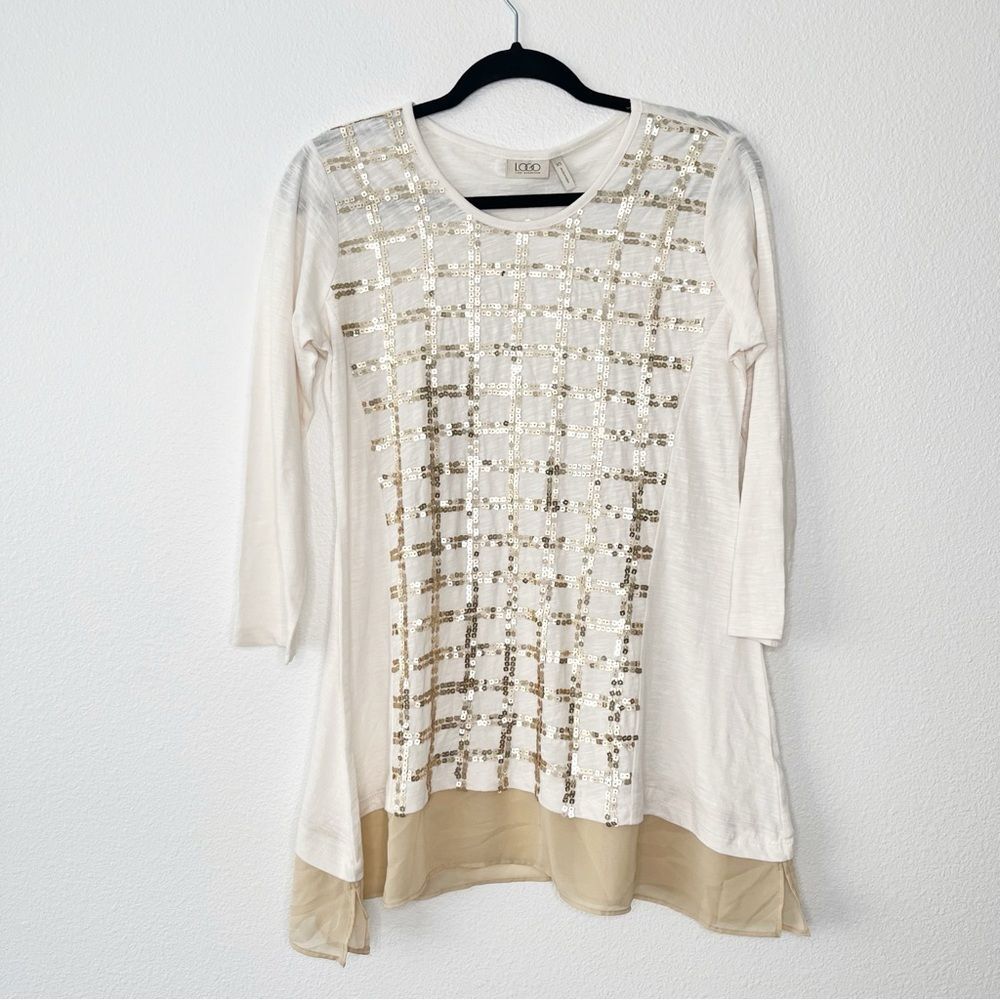 NWT LOGO by Lori Goldstein Asymmetrical Sequin Tunic Top Size XS